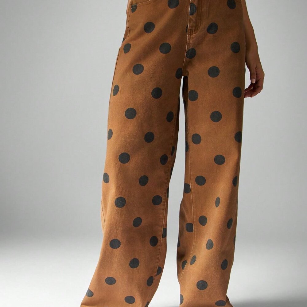 Brown High Waisted Casual Women's Wide Leg Polka Dot Jeans - Picture 7 of 7